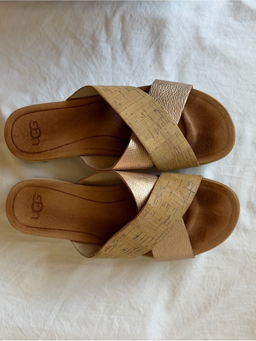 UGG Women's Metallic Rose Gold and Cork-Accent Slide Sandals Sz 9
